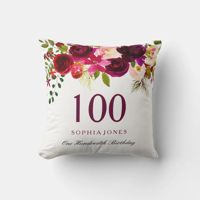 Burgundy Red Floral Boho 100th Birthday Gift Cushion (Front)
