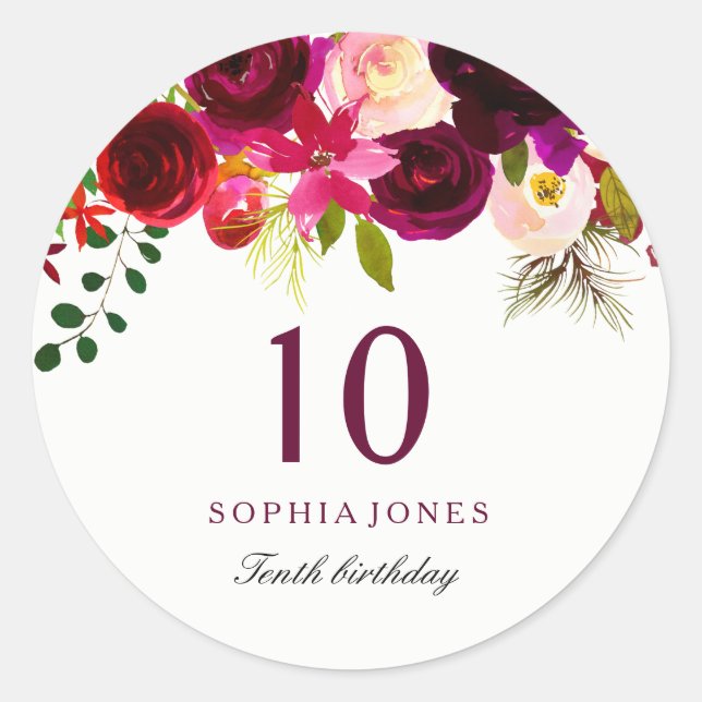 Burgundy Red Floral Boho 10th Birthday Party Classic Round Sticker (Front)