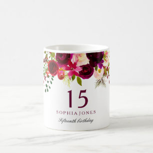 Burgundy Red Floral Boho 15th Birthday Gift Coffee Mug