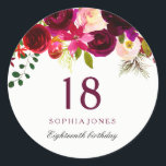 Burgundy Red Floral Boho 18th Birthday Party Classic Round Sticker<br><div class="desc">Burgundy Red Floral Boho 18th Birthday Party Sticker favour seal

See our store for matching invitation,  Envelope and napkins</div>