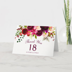 Burgundy Red Floral Boho 18th Birthday Thank You Card