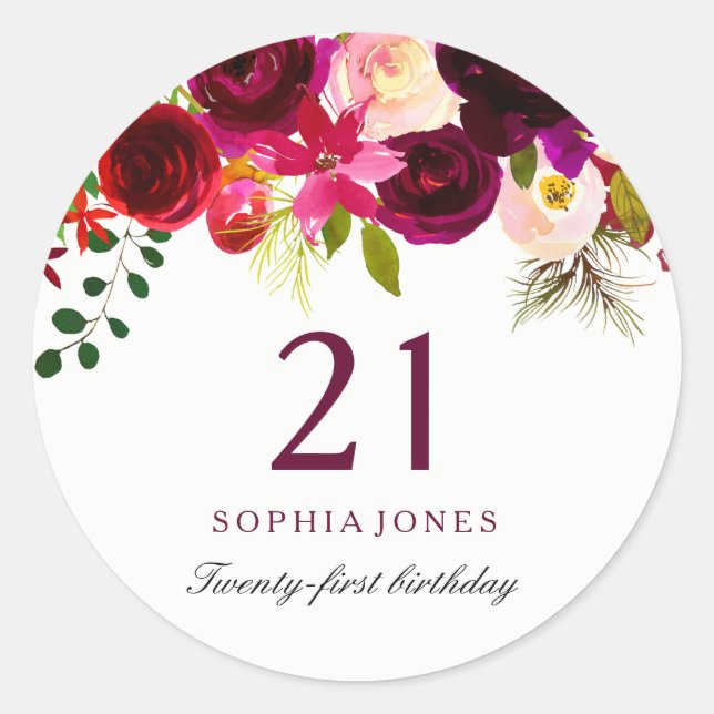 Burgundy Red Floral Boho 21st Birthday Party Classic Round Sticker (Front)