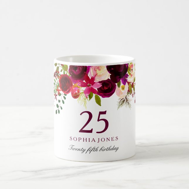 Burgundy Red Floral Boho 25th Birthday Gift Coffee Mug (Center)