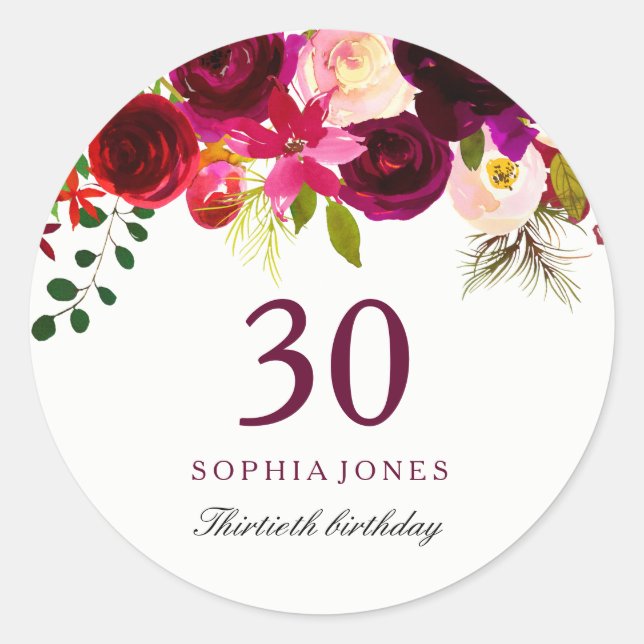 Burgundy Red Floral Boho 30th Birthday Party Classic Round Sticker (Front)