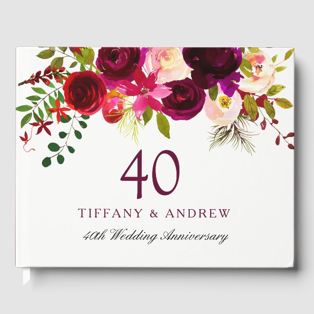Burgundy Red Floral Boho 40th Wedding Anniversary Guest Book (Front)