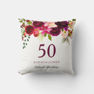 Burgundy Red Floral Boho 50th Birthday Gift Cushion