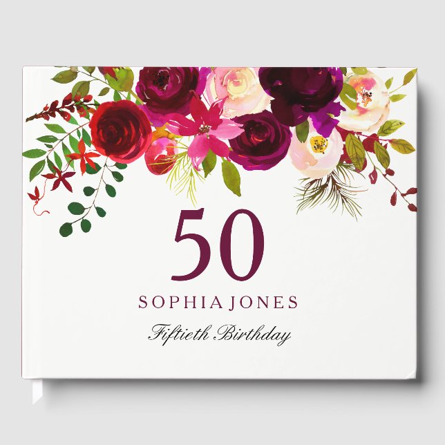 Burgundy Red Floral Boho 50th Birthday Party Guest Book (Front)