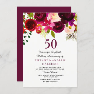 Burgundy Red Floral Boho 50th Wedding Anniversary Invitation
