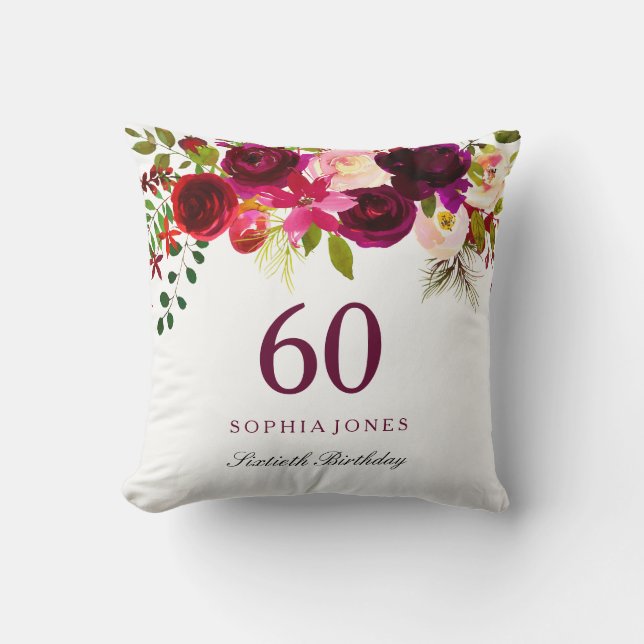 Burgundy Red Floral Boho 60th Birthday Gift Cushion (Front)