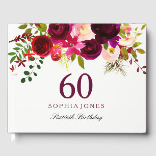 Burgundy Red Floral Boho 60th Birthday Party Guest Book