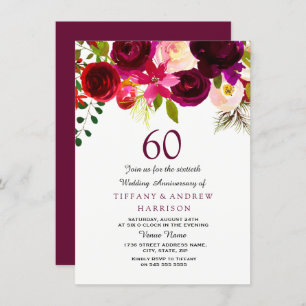 Burgundy Red Floral Boho 60th Wedding Anniversary Invitation