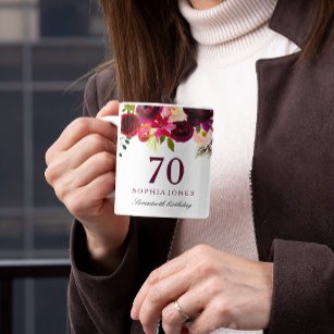 Burgundy Red Floral Boho 70th Birthday Gift Coffee Mug