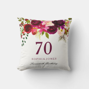 Burgundy Red Floral Boho 70th Birthday Gift Cushion