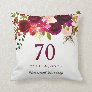 Burgundy Red Floral Boho 70th Birthday Gift Cushion