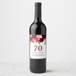 Burgundy Red Floral Boho 70th Birthday Party Wine Label