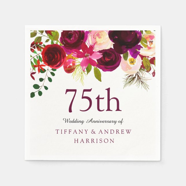 Burgundy Red Floral Boho 75th Wedding Anniversary Napkin (Front)