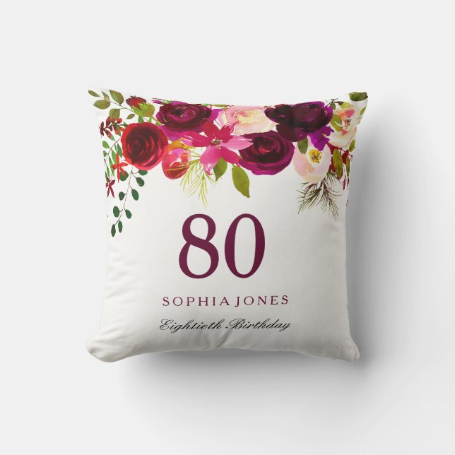 Burgundy Red Floral Boho 80th Birthday Gift Cushion (Front)