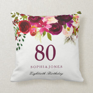 Burgundy Red Floral Boho 80th Birthday Gift Cushion