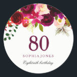 Burgundy Red Floral Boho 80th Birthday Party Classic Round Sticker<br><div class="desc">Burgundy Red Floral Boho 80th Birthday Party LoveHeart Sticker favour seal

See our store for matching invitation,  Envelope and napkins</div>