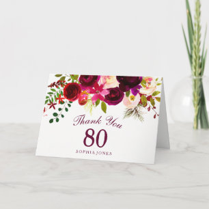 Burgundy Red Floral Boho 80th Birthday Thank You