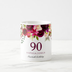 Burgundy Red Floral Boho 90th Birthday Party Coffee Mug