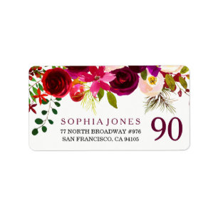 Burgundy Red Floral Boho 90th Birthday Party Label