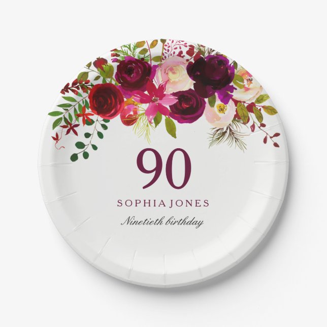 Burgundy Red Floral Boho 90th Birthday Party Paper Plate (Front)