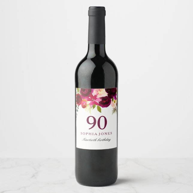 Burgundy Red Floral Boho 90th Birthday Party Wine Label (Front)