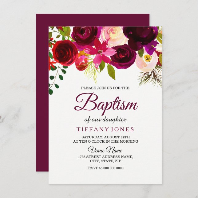 Burgundy Red Floral Boho Baby Girl Baptism Invite (Front/Back)