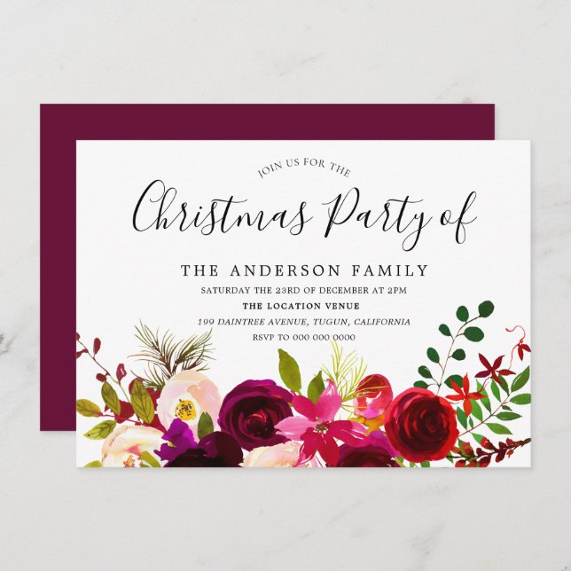 Burgundy Red Floral Boho Christmas Party Invitation (Front/Back)
