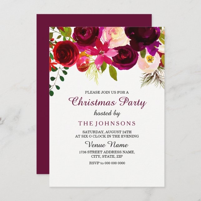 Burgundy Red Floral Boho Christmas Party Invite (Front/Back)