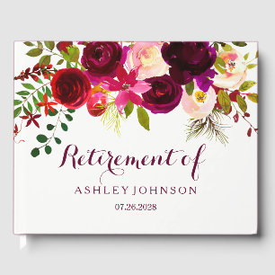 Burgundy Red Floral Boho Retirement Party Guest Book