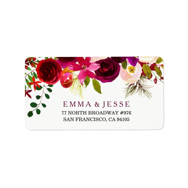 Burgundy Red Floral Boho Wedding Address Labels (Front)