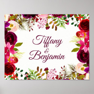 Burgundy Red Floral Boho Wedding Engagement Party Poster
