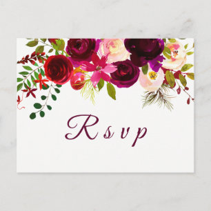 Burgundy Red Floral Boho Wedding RSVP postcard
