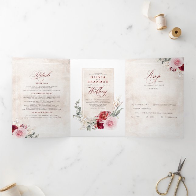 Burgundy Red Floral Botanical Boho Wedding Tri-Fold Invitation (Inside)