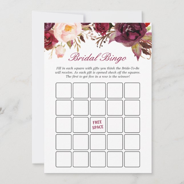 Burgundy Red Floral Bridal Shower Bingo Game (Front)