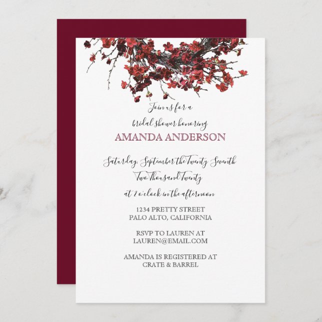 Burgundy Red Floral Bridal Shower Invitation (Front/Back)