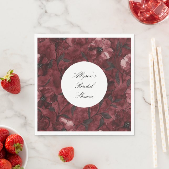 Burgundy Red Floral Bridal Shower Napkin (Insitu)