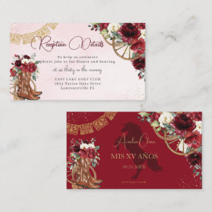 Burgundy Red Floral Charro Quinceañera Reception Enclosure Card