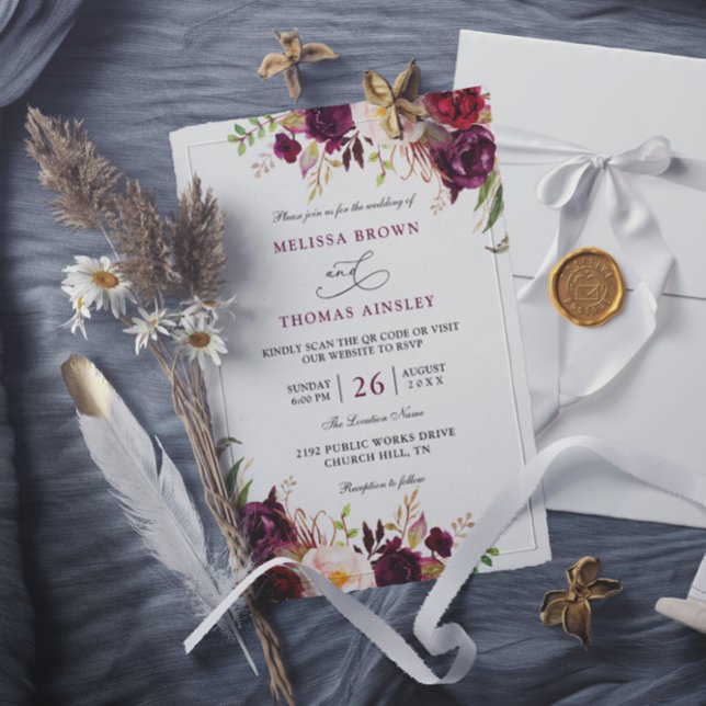 Burgundy Red Floral Chic Budget QR Code Wedding Invitation (Creator Uploaded)