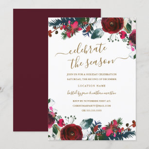 Burgundy Red Floral Christmas Party Invitation