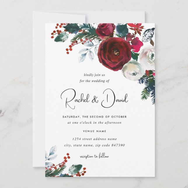 Burgundy Red Floral Christmas Wedding Invitation (Front)