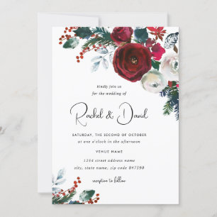 Burgundy Red Floral Christmas Wedding Invitation