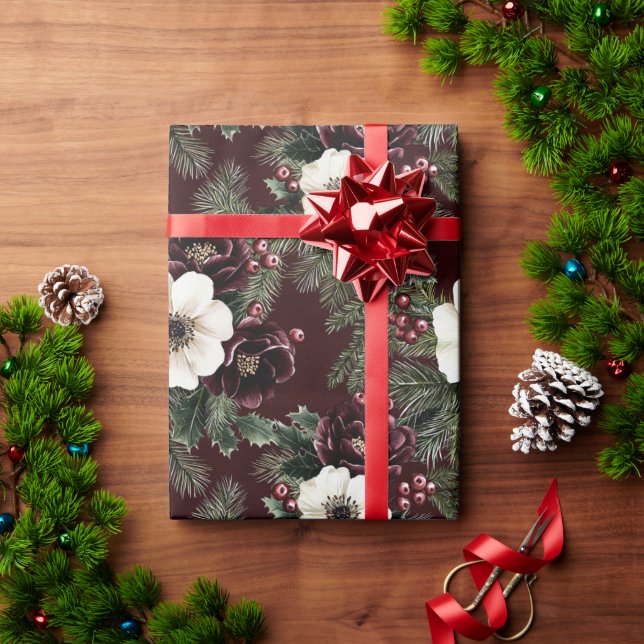 Burgundy Red Floral Christmas Wrapping Paper (Holiday Gift)