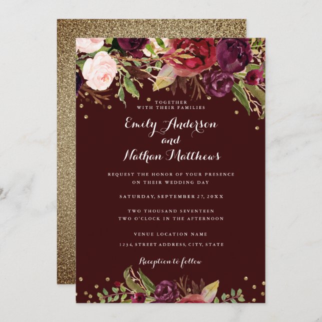 Burgundy Red Floral Confetti Wedding Invitation (Front/Back)