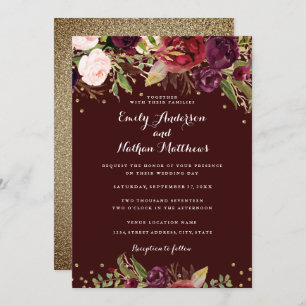 Burgundy Red Floral Confetti Wedding Invitation
