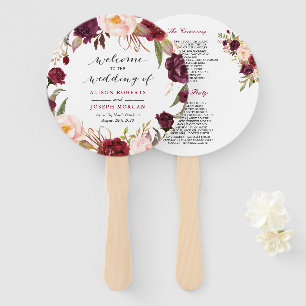 Burgundy Red Floral Contemporary Wedding Program Hand Fan