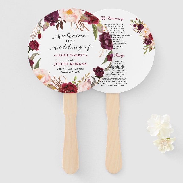 Burgundy Red Floral Contemporary Wedding Program Hand Fan (Front and Back)