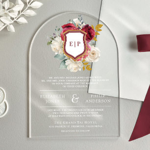 Burgundy Red Floral Crest Monogram Wedding Acrylic Invitations